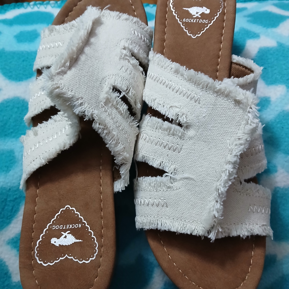 White Frayed Slide Sandals - Picture 2 of 5